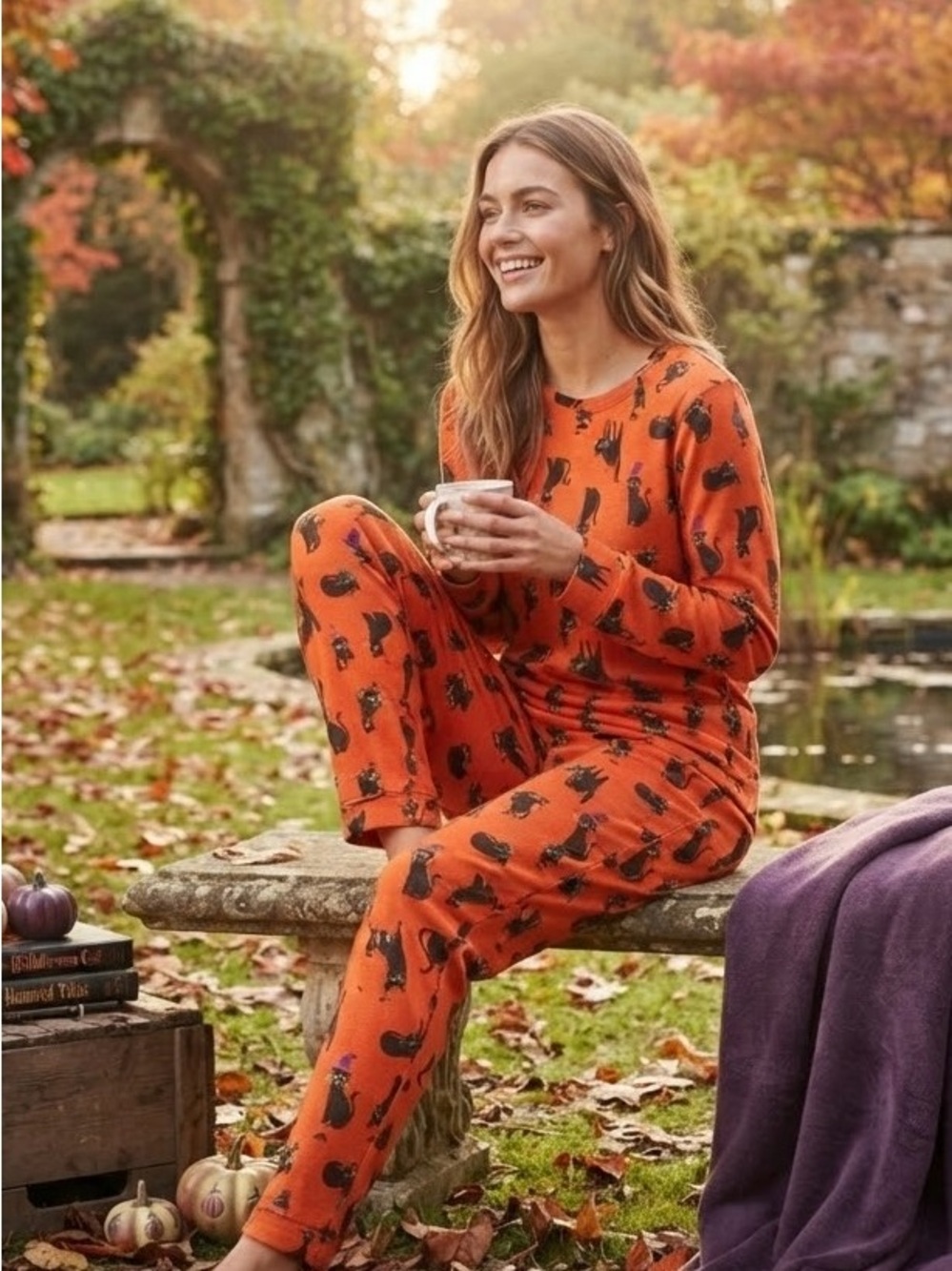 Women's Orange Cat-Print Long Sleeve Pajama Set
